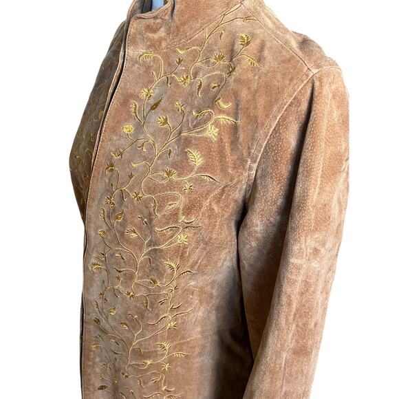 Prosper & Devine Women’s Brown Leather Suede Jacket Large Floral Embroidered - Picture 5 of 10